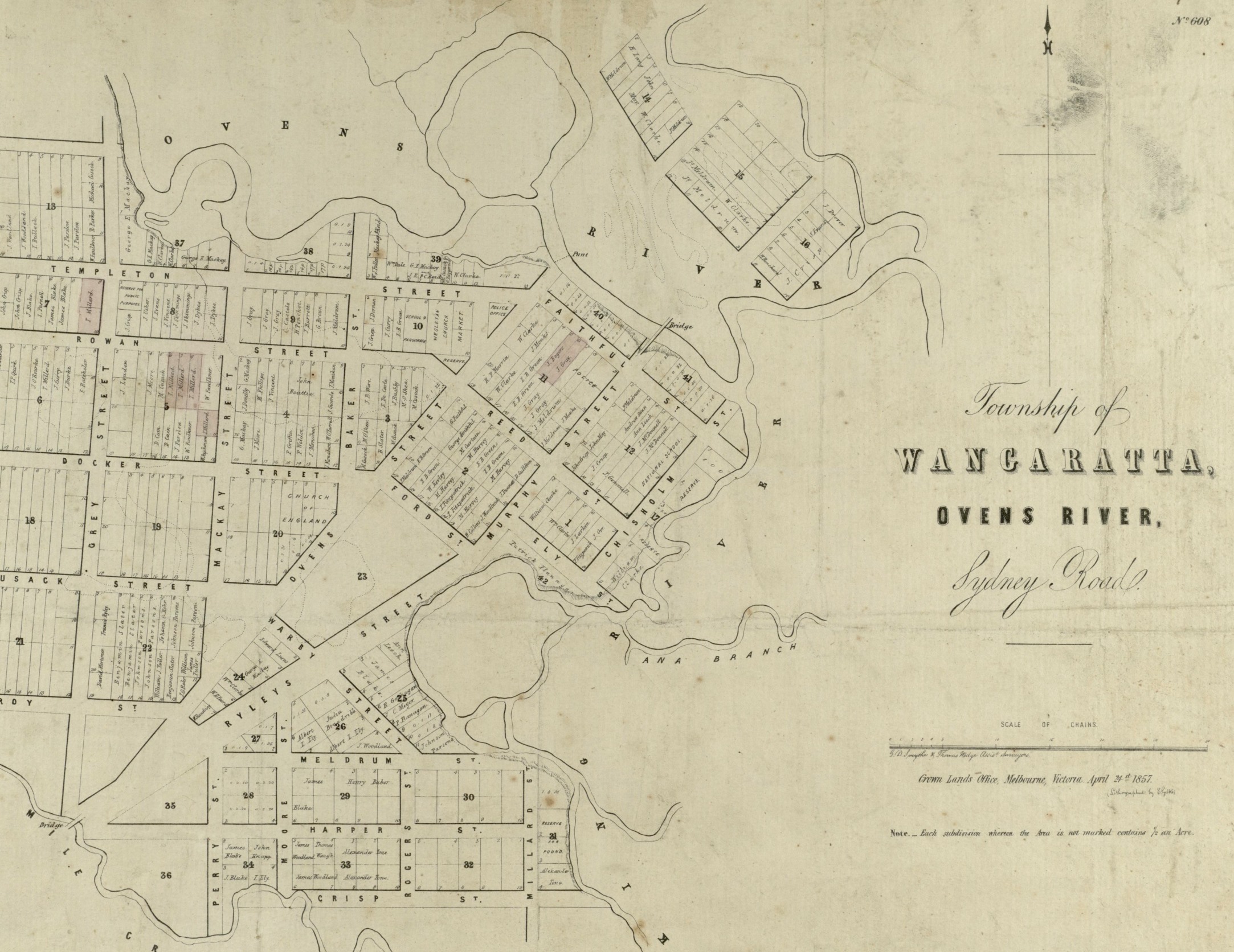 Survey map of Wangaratta by Smythe & Wedge 1857 courtesy State Library of Victoria. The King River runs north-south at the bottom of the map and the Ovens winds erratically across the top. 