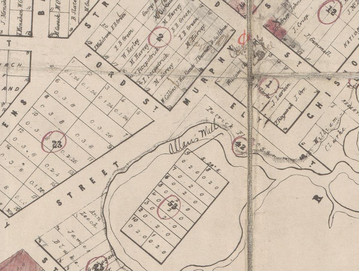 Wangaratta township map 1857-1863 portion showing Allan's Mill