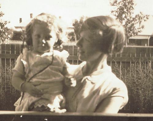 The author's great aunt Edna Moore with her niece Valda Pacholli wearing a crystal set at the Moore family home in Moore Street, circa 1930